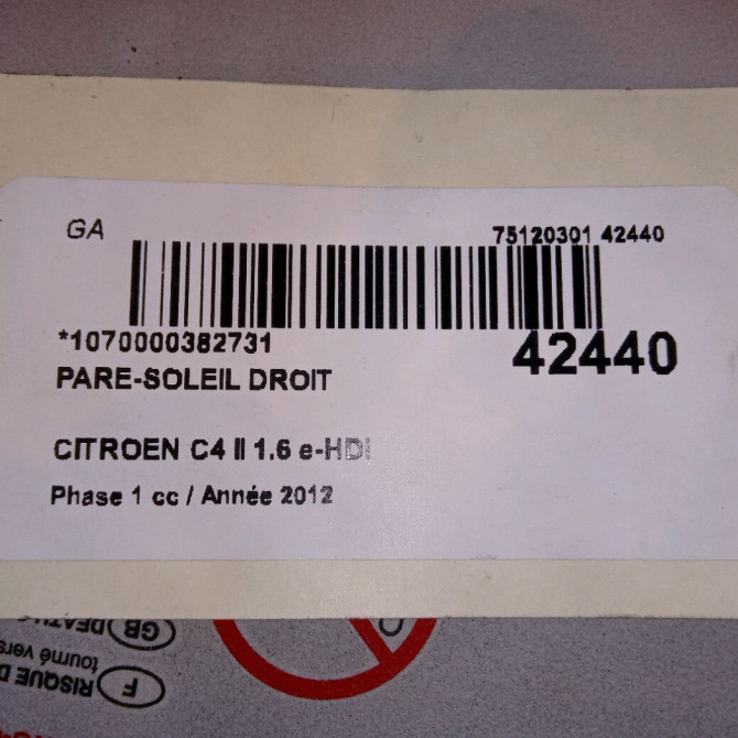 Pare-soleil droit occasion CITROEN C4 II Phase 1 10-2010->01-2015 1.6 e-HDi 110ch 16128920BJ 3