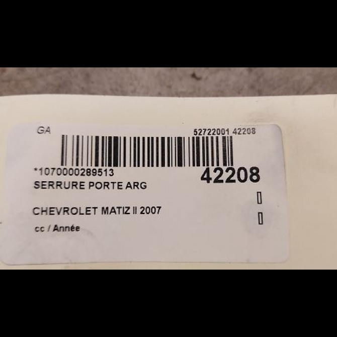 Serrure porte arg occasion CHEVROLET MATIZ II Phase 1 06-2005->09-2009 0.8i 96601458 3