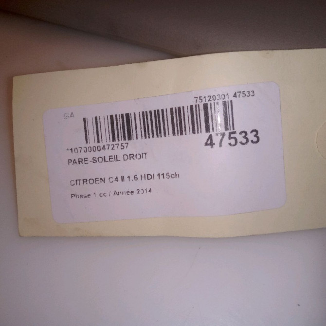 Pare-soleil droit occasion CITROEN C4 II Phase 1 10-2010->01-2015 1.6 HDI 115ch 16128920BJ 6