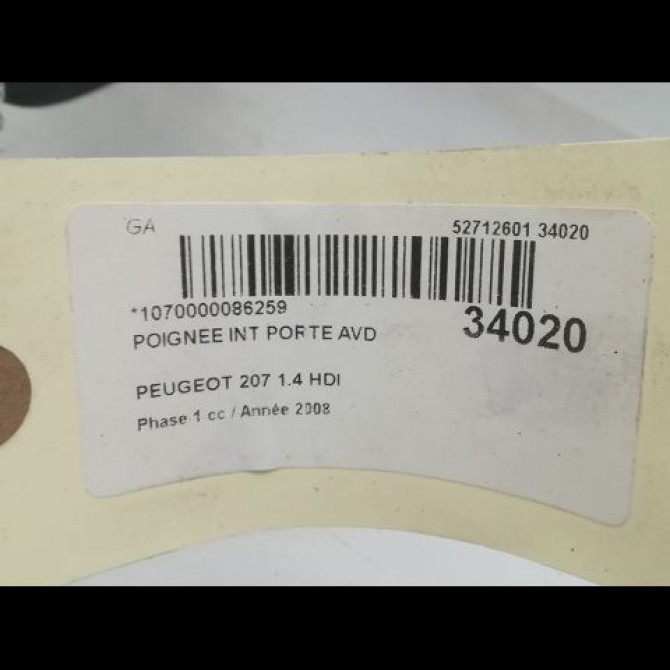 Poignee int porte avd occasion PEUGEOT 207 Phase 1 04-2006->06-2013 1.4 HDI 9144C1 3
