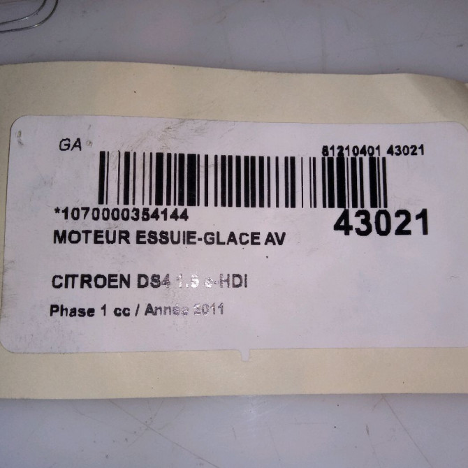 Moteur essuie-glace avant occasion CITROEN DS4 Phase 1 01-2011->03-2016 1.6 e-HDi 110ch 6405RK 5
