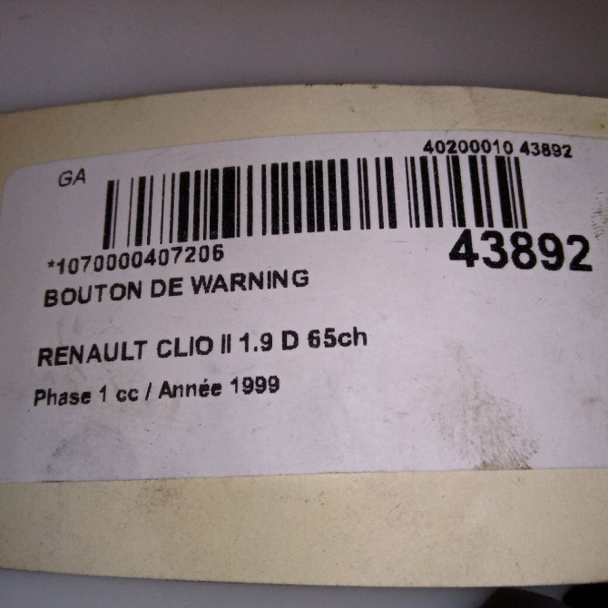 Bouton de warning occasion RENAULT CLIO II Phase 1 03-1998->06-2001 1.9 D 65ch 252904482R 5