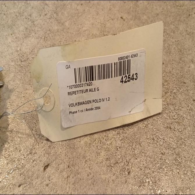 Répétiteur aile gauche occasion VOLKSWAGEN POLO IV Phase 1 01-2002->05-2005 1.2 55ch 3B0949117C 2