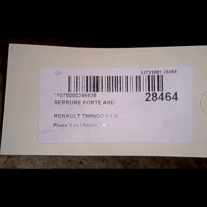 Serrure porte ard occasion RENAULT TWINGO II Phase 1 06-2007->11-2011 1.2i 60ch 4