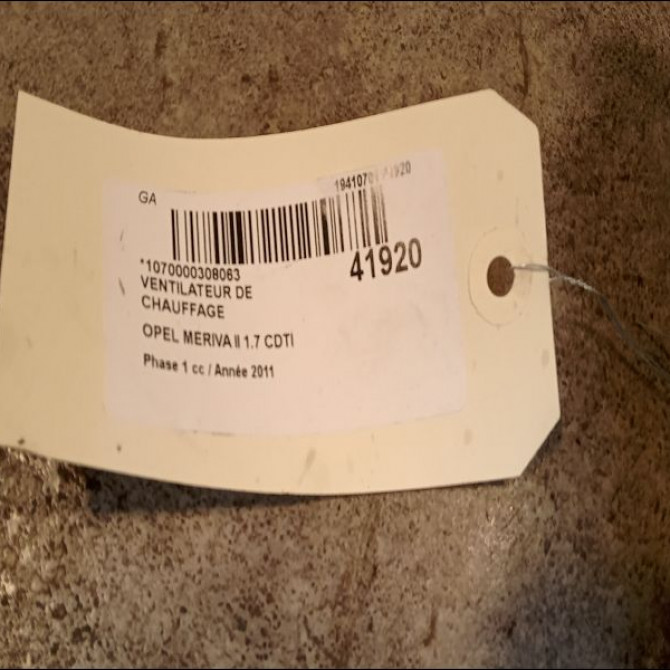 Ventilateur de chauffage occasion OPEL MERIVA II Phase 1 09-2010->03-2014 1.7 CDTI 110ch 13263279 3