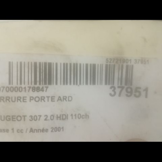 Serrure porte ard occasion PEUGEOT 307 Phase 1 04-2001->06-2005 2.0 HDI 110ch 9138A4 3