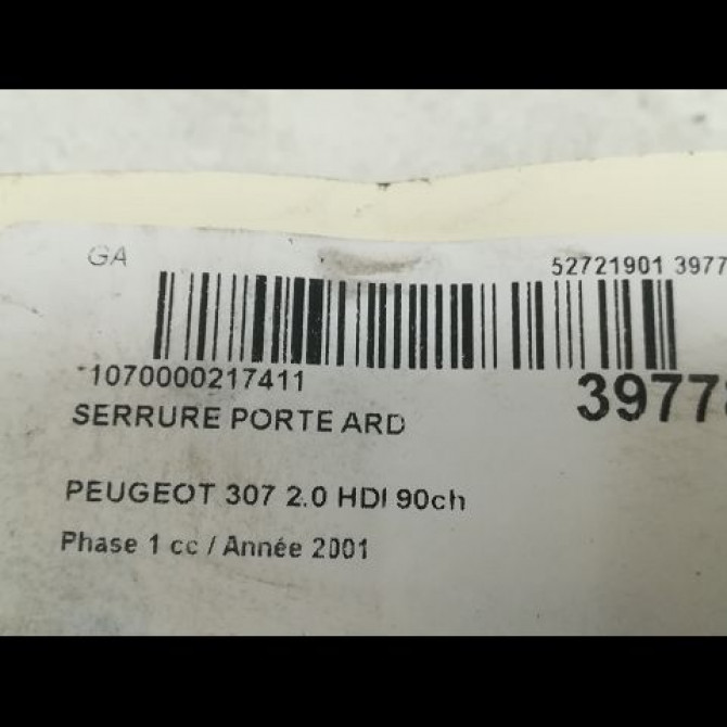 Serrure porte ard occasion PEUGEOT 307 Phase 1 04-2001->06-2005 2.0 HDI 90ch 9138A4 3
