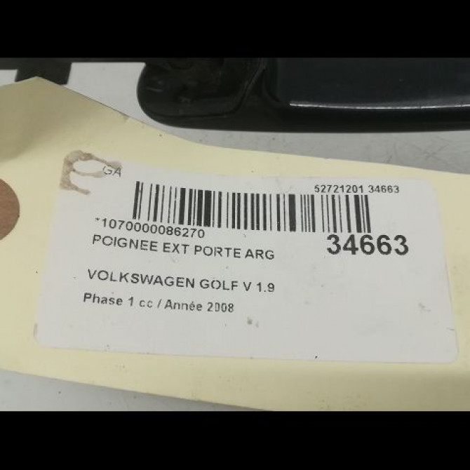 Poignee ext porte arg occasion VOLKSWAGEN GOLF V Phase 1 11-2003->10-2008 1.9 TDI 105ch 3B0837205GGRU 3