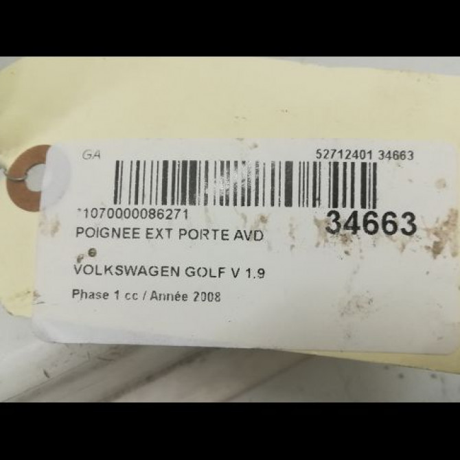 Poignee ext porte avd occasion VOLKSWAGEN GOLF V Phase 1 11-2003->10-2008 1.9 TDI 105ch 3B0837205GGRU 3