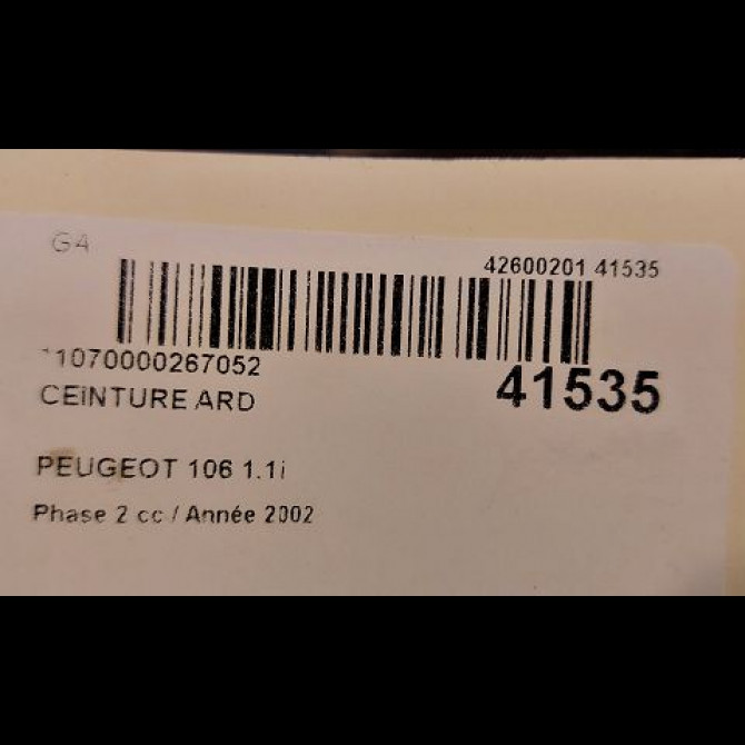 Ceinture arrière droite occasion PEUGEOT 106 Phase 2 04-1996->09-2003 1.1i 4