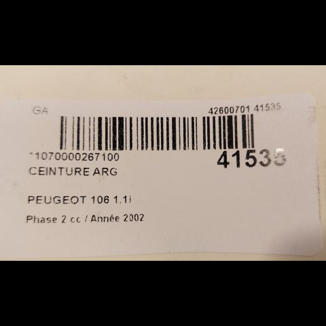 Ceinture arrière gauche occasion PEUGEOT 106 Phase 2 04-1996->09-2003 1.1i 4
