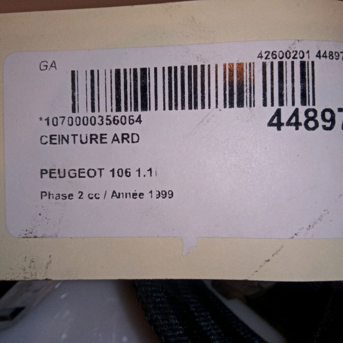 Ceinture arrière droite occasion PEUGEOT 106 Phase 2 04-1996->09-2003 1.1i 4