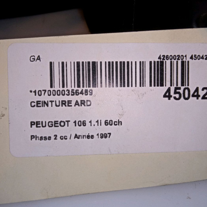 Ceinture arrière droite occasion PEUGEOT 106 Phase 2 04-1996->09-2003 1.1i 60ch 4