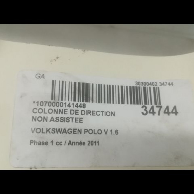Colonne de direction non assistee occasion VOLKSWAGEN POLO V POLO V Phase 1 2009-09-01->2014-05-31 1.6 TDI 90 6R1419501FF 3