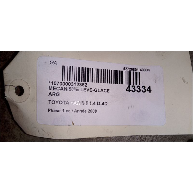 Mecanisme leve-glace arrière gauche occasion TOYOTA YARIS II Phase 1 12-2005->11-2009 1.4 D-4D 698400D120 2
