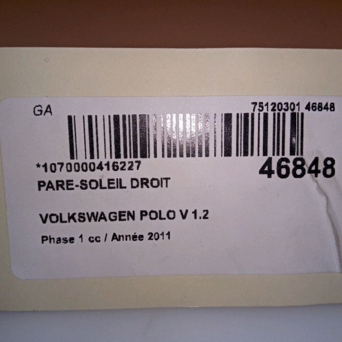 Pare-soleil droit occasion VOLKSWAGEN POLO V POLO V Phase 1 2009-09-01->2014-05-31 1.2 60ch 6R0857552AL2F4 4