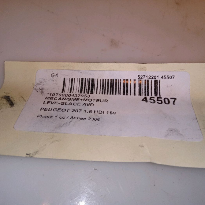 Mecanisme + moteur lève-glace avant droit occasion PEUGEOT 207 Phase 1 04-2006->06-2013 1.6 HDI 16v 90ch 9222FR 5