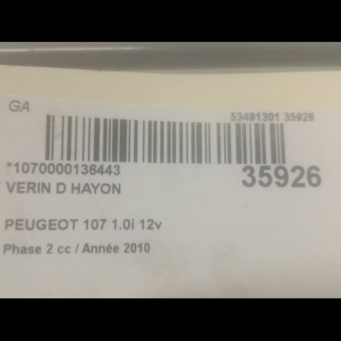 Verin droit hayon occasion PEUGEOT 107 Phase 2 01-2009->01-2012 1.0i 12v 2