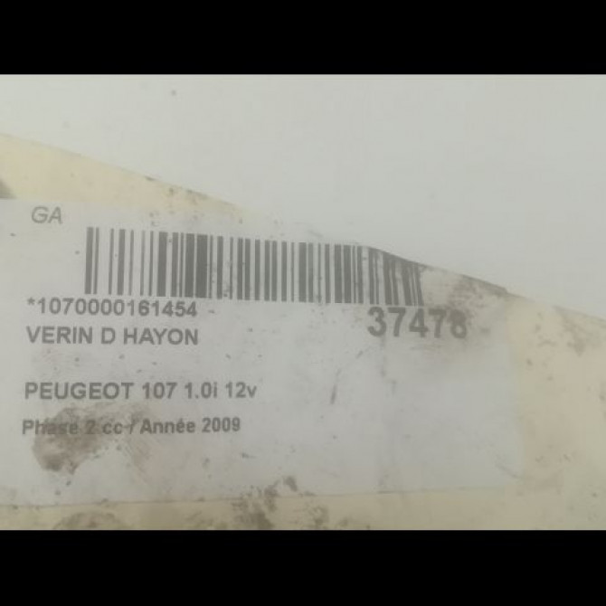 Verin droit hayon occasion PEUGEOT 107 Phase 2 01-2009->01-2012 1.0i 12v 2