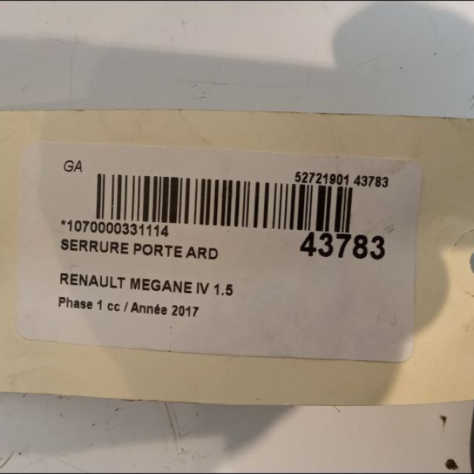 Serrure porte ard occasion RENAULT MEGANE IV Phase 1 12-2015->... 1.5 DCI 8v 110ch 825023014R 3