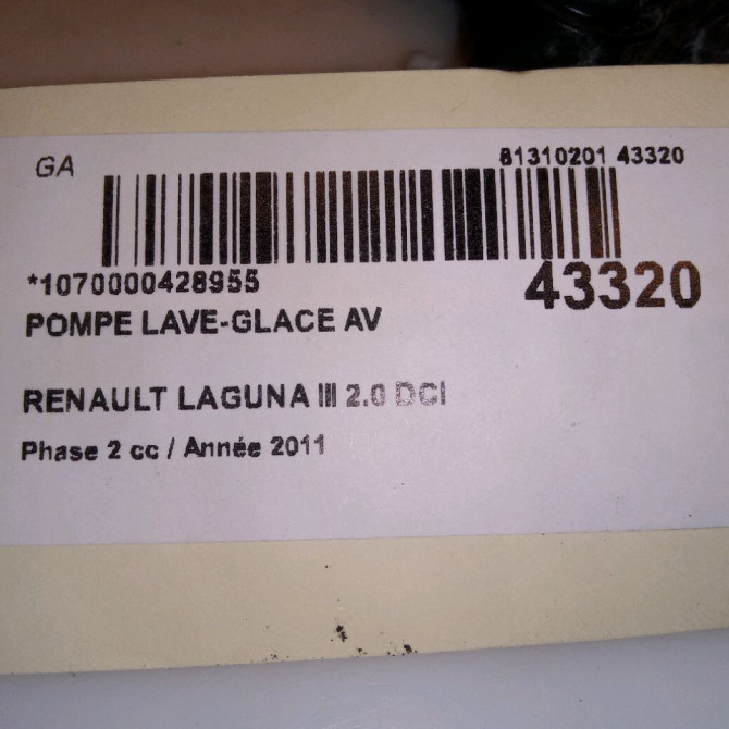 Pompe lave-glace avant occasion RENAULT LAGUNA III Phase 2 11-2010->03-2013 2.0 DCI 16v 130ch 289200004R 5