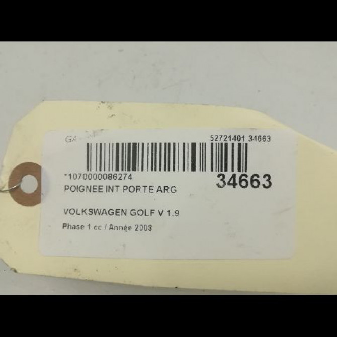 Poignee int porte arg occasion VOLKSWAGEN GOLF V Phase 1 11-2003->10-2008 1.9 TDI 105ch 1K4839113BUAQ 3