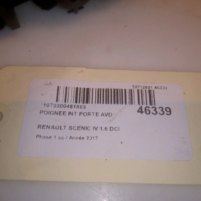 Poignee int porte avd occasion RENAULT SCENIC IV Phase 1 04-1995->04-1999 1.6 DCI 130ch 826725250R 4