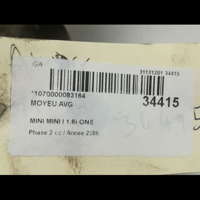 Moyeu avg occasion MINI MINI I Phase 2 07-2004->09-2006 1.6i ONE 31226756889 4