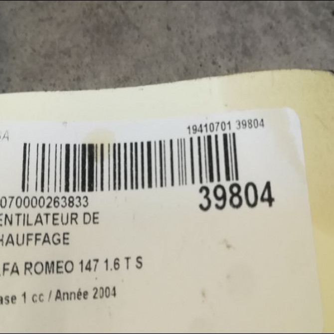 Ventilateur de chauffage occasion ALFA ROMEO 147 Phase 1 09-2000->09-2004 1.6 T S 120ch 77364449 3