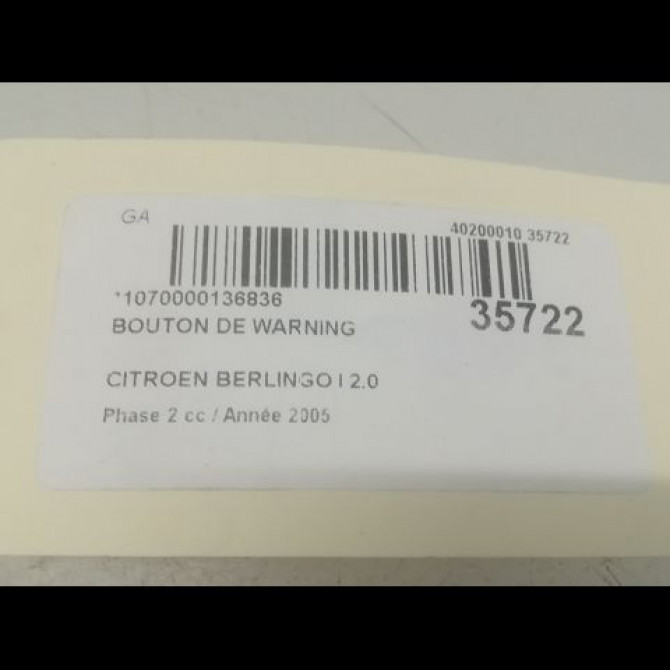 Bouton de warning occasion CITROEN BERLINGO I Phase 2 11-2002->10-2010 2.0 HDi 90ch 6554V6 3