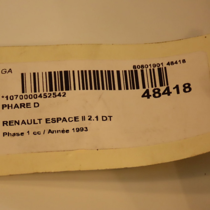 Phare droit occasion RENAULT ESPACE II Phase 1 04-1991->02-1995 2.1 DT 3