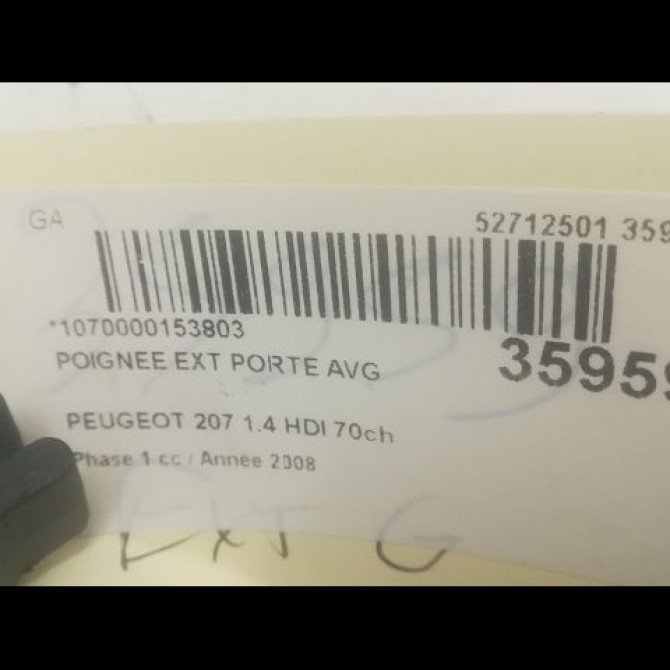 Poignee ext porte avg occasion PEUGEOT 207 Phase 1 04-2006->06-2013 1.4 HDI 70ch 9101GF 3