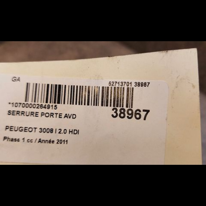 Serrure porte avd occasion PEUGEOT 3008 I Phase 1 04-2009->12-2013 2.0 HDI 150ch 9800623080 3