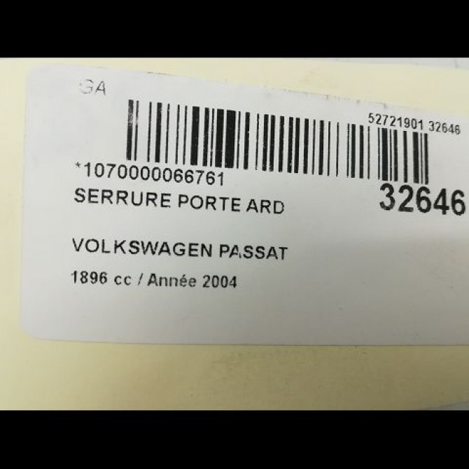 Serrure porte ard occasion VOLKSWAGEN PASSAT IV Phase 2 10-2000->03-2005 1.9 TDI 100ch 3B4839016AL 5