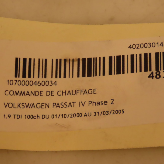 Commande de chauffage occasion VOLKSWAGEN PASSAT IV Phase 2 10-2000->03-2005 1.9 TDI 100ch 3B1907044J 4