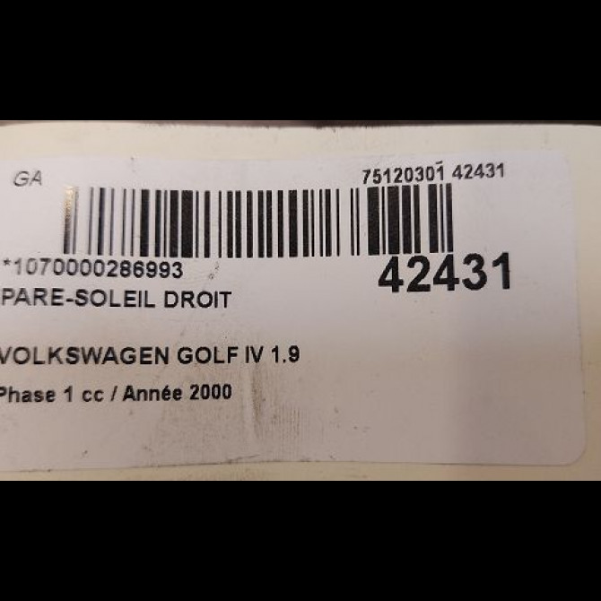 Pare-soleil droit occasion VOLKSWAGEN GOLF IV GOLF IV Phase 1 1998-01-01->2005-06-30 1.9 TDI 100ch 3B0857552AK2F4 3