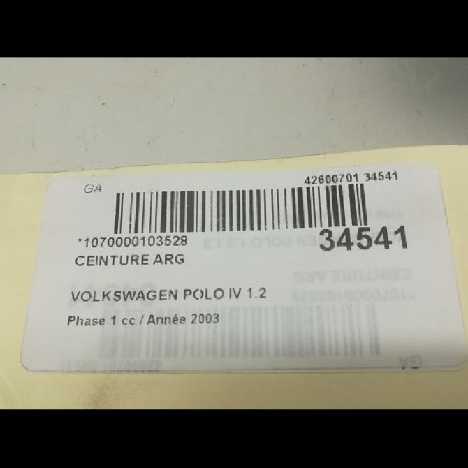 Ceinture arrière gauche occasion VOLKSWAGEN POLO IV Phase 1 01-2002->05-2005 1.2 12v 65ch 4