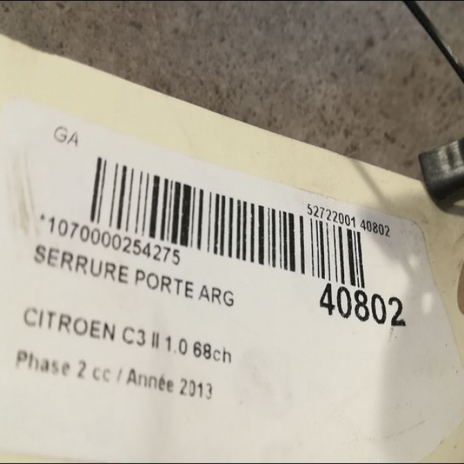 Serrure porte arg occasion CITROEN C3 II Phase 2 03-2013->12-2016 1.0 68ch 9800625080 3