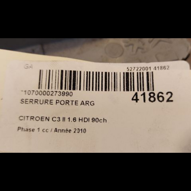 Serrure porte arg occasion CITROEN C3 II Phase 1 11-2009->02-2013 1.6 HDI 90ch 9800625080 3