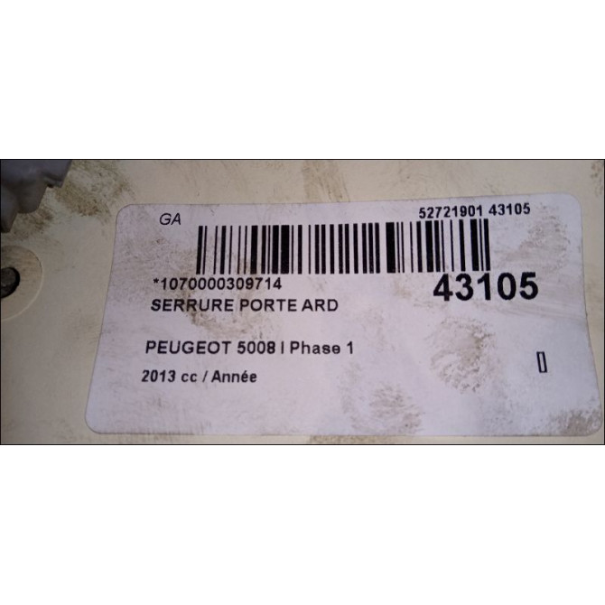 Serrure porte ard occasion PEUGEOT 5008 I Phase 1 11-2009->12-2013 9800624180 3