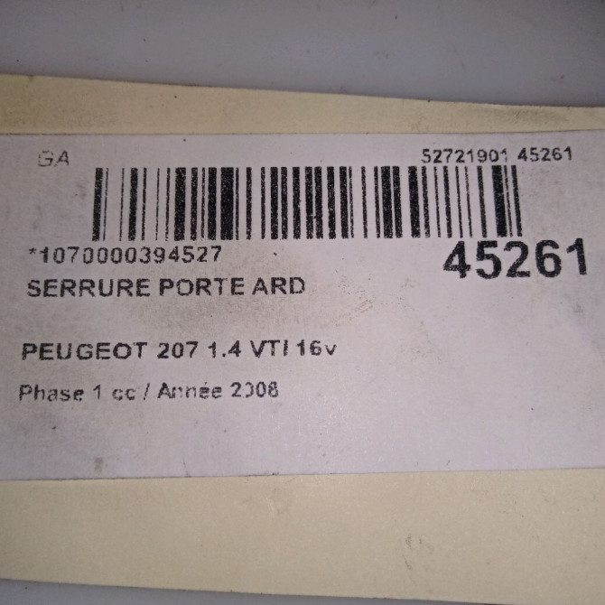 Serrure porte ard occasion PEUGEOT 207 Phase 1 04-2006->06-2013 1.4 VTI 16v 95ch 9138H8 5