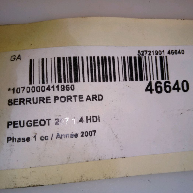 Serrure porte ard occasion PEUGEOT 207 Phase 1 04-2006->06-2013 1.4 HDI 9138H8 5