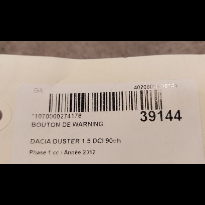 Bouton de warning occasion DACIA DUSTER Phase 1 03-2010->12-2013 1.5 DCI 90ch 252905315R 2