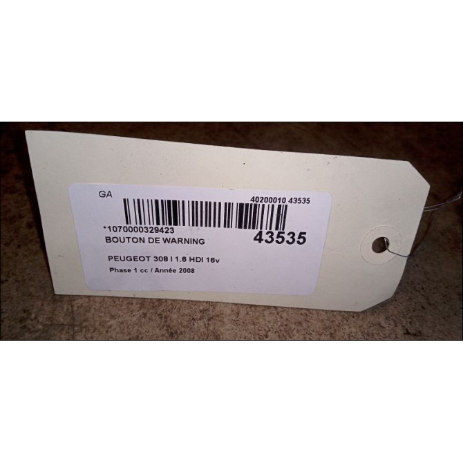 Bouton de warning occasion PEUGEOT 308 I Phase 1 09-2007->03-2011 1.6 HDI 16v 110ch 3
