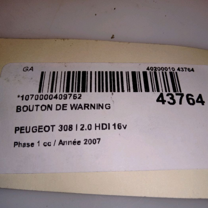 Bouton de warning occasion PEUGEOT 308 I Phase 1 09-2007->03-2011 2.0 HDI 16v 136ch 5