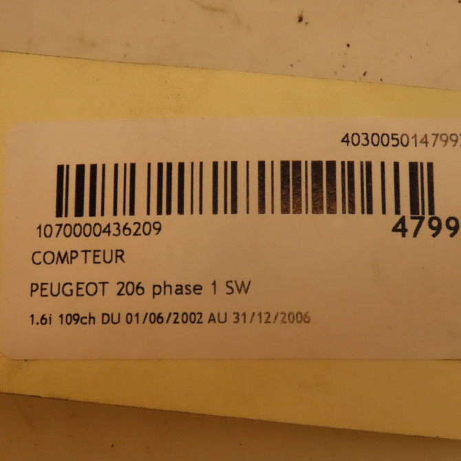 Compteur occasion PEUGEOT 206 206 phase 1 SW 2002-06-01->2006-12-31 1.6i 109ch 6106LT 4