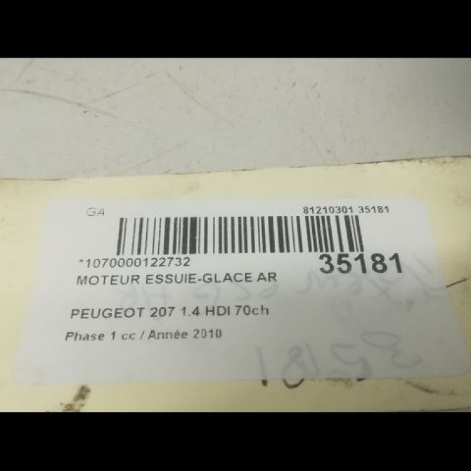 Moteur essuie-glace arrière occasion PEUGEOT 207 Phase 1 04-2006->06-2013 1.4 HDI 70ch 6405AN 4