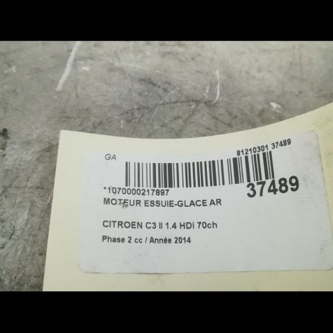 Moteur essuie-glace arrière occasion CITROEN C3 II Phase 2 03-2013->12-2016 1.4 HDi 70ch 6405QJ 3