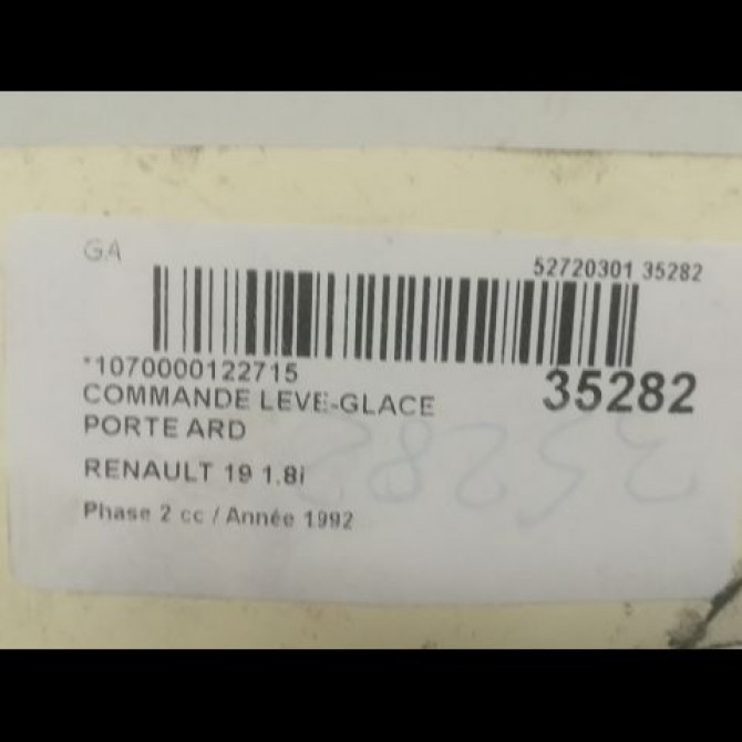 Commande leve-glace porte arrière droite occasion RENAULT 19 Phase 2 04-1992->04-1997 1.8i 3