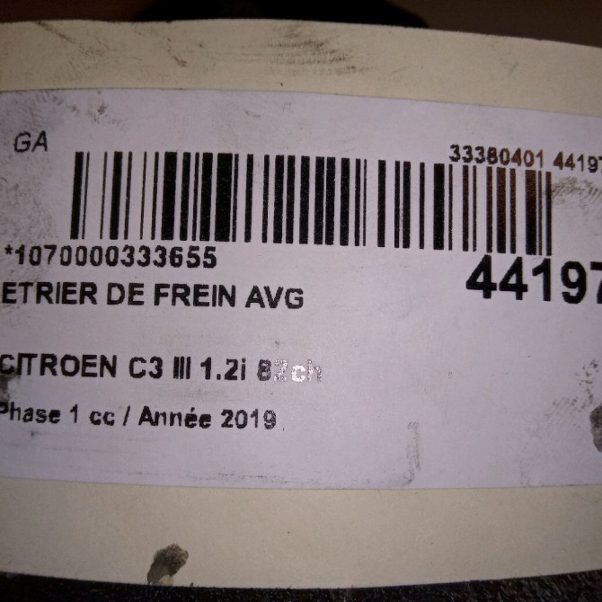 Etrier de frein avant gauche occasion CITROEN C3 III Phase 1 10-2016->... 1.2i 82ch 1617292080 4